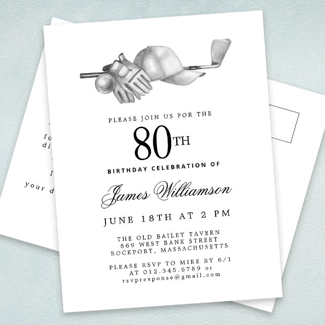 Elegant Black White Golf 80th Birthday Party  Invitation Postcard (Creator Uploaded)