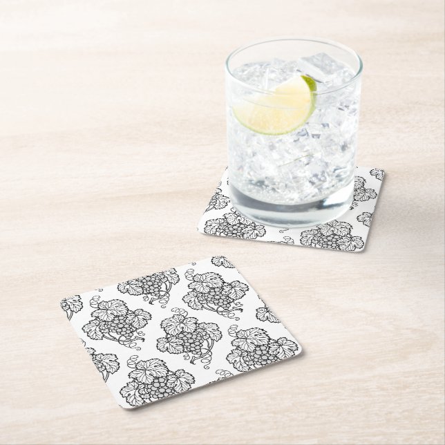 Elegant Black White Grape Bunches Wine Fruit Lover Square Paper Coaster (Insitu)