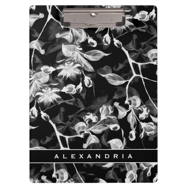 Elegant Black White & Gray Floral Clipboard (Front)