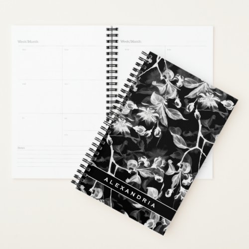 Elegant Black White  Gray Floral with Custom Name Planner