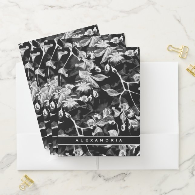 Elegant Black White & Gray Floral with Custom Name Pocket Folder (In Situ)