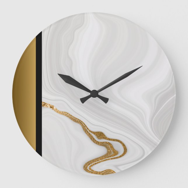 Elegant Black White Gray Gold Marble Pattern   Large Clock (Front)