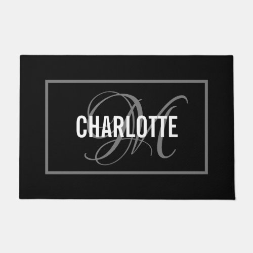 Elegant black white gray monogram name doormat