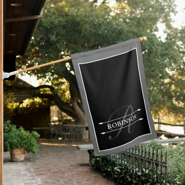 Elegant Black White Gray Monogram & Name House Flag (In SItu)