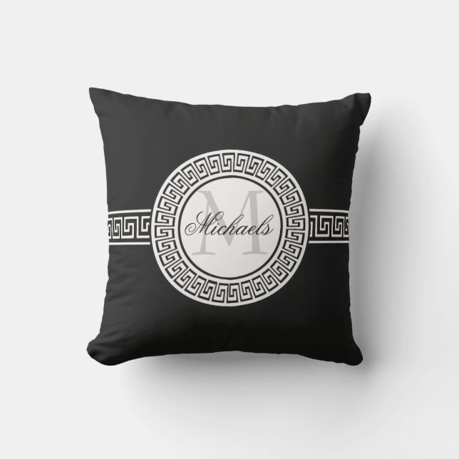 Elegant Black | White Greek Key Monogram Throw Pillow (Front)