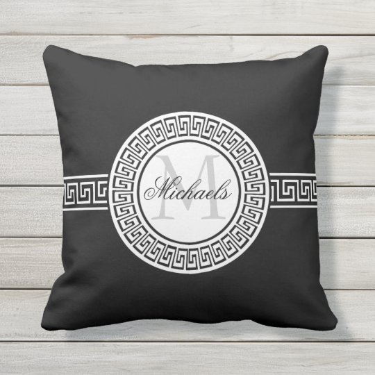 Elegant Black White Greek Key Monogram Throw Pillow Zazzle Com