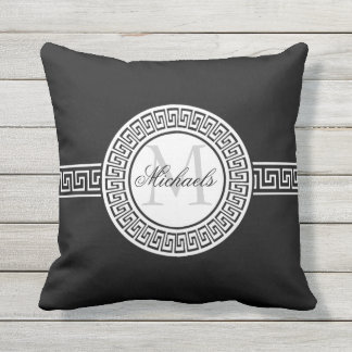 Elegant Black | White Greek Key Monogram Throw Pillow