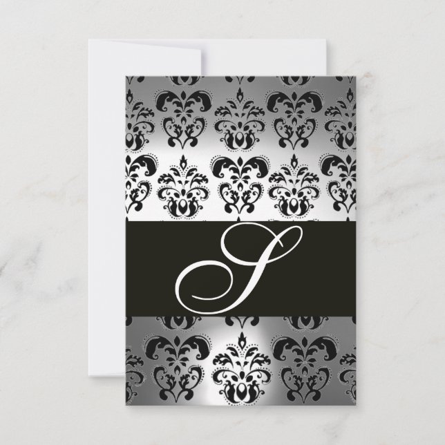 ELEGANT BLACK WHITE GREY DAMASK MONOGRAM RSVP (Front)