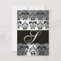 ELEGANT BLACK WHITE GREY DAMASK MONOGRAM RSVP