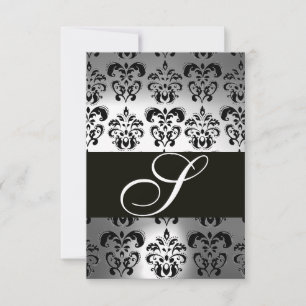 ELEGANT BLACK WHITE GREY DAMASK MONOGRAM RSVP CARD