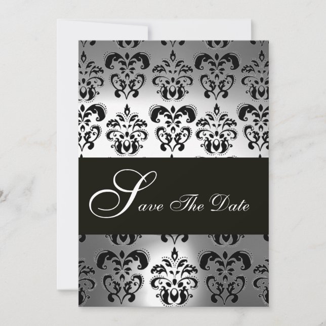 ELEGANT BLACK WHITE GREY DAMASK MONOGRAM Wedding Save The Date (Front)