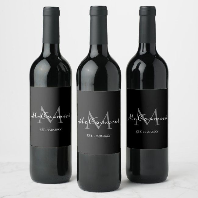 Elegant Black White Grey Family Monogram Name Wine Label