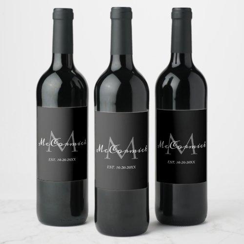 Elegant Black White Grey Family Monogram Name Wine Label