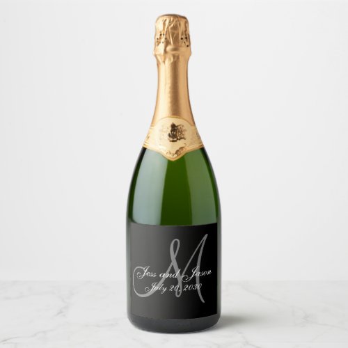 Elegant Black white Grey Monogram Names Wedding Sparkling Wine Label