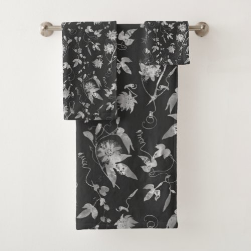 Elegant Black White Grey Passion Flowers Pattern Bath Towel Set