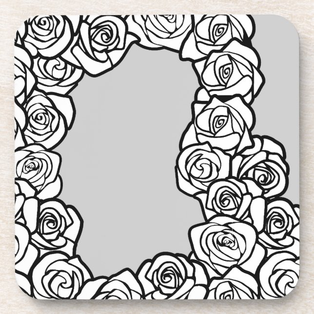 Elegant Black White Grey Roses Floral Pattern Beverage Coaster (Front)