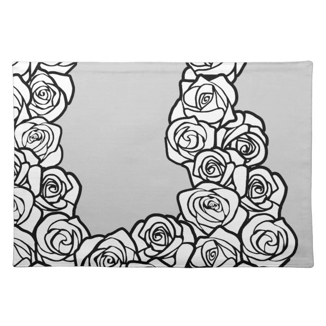 Elegant Black White Grey Roses Floral Pattern Cloth Placemat (Front)