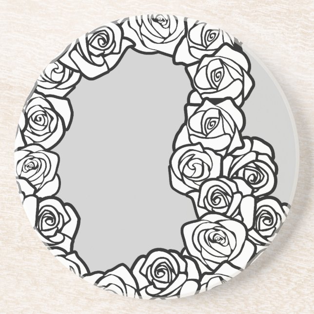 Elegant Black White Grey Roses Floral Pattern Drink Coaster (Front)