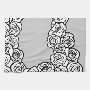 Elegant Black White Grey Roses Floral Pattern Kitchen Towel