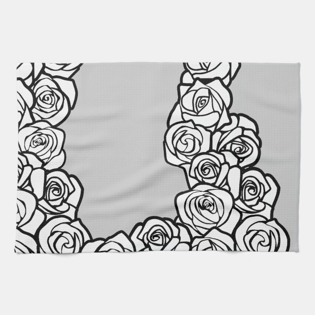 Elegant Black White Grey Roses Floral Pattern Kitchen Towel (Horizontal)