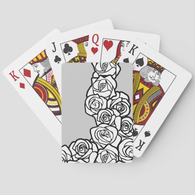 Elegant Black White Grey Roses Floral Pattern Poker Cards (Back)