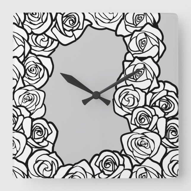Elegant Black White Grey Roses Floral Pattern Square Wall Clock (Front)
