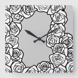 Elegant Black White Grey Roses Floral Pattern Square Wall Clock