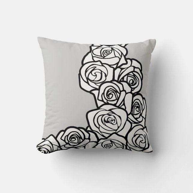 Elegant Black White Grey Roses Floral Pattern Throw Pillow (Front)