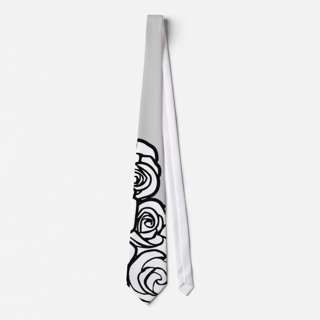 Elegant Black White Grey Roses Floral Pattern Tie (Front)