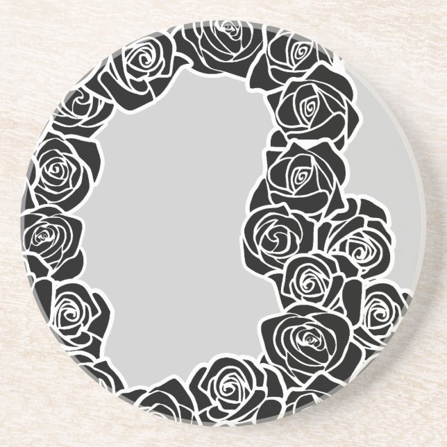 Elegant Black White Grey Roses Romantic Pattern Drink Coaster (Front)