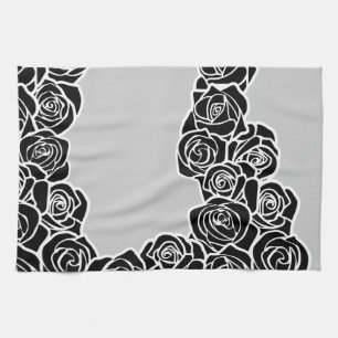 Elegant Black White Grey Roses Romantic Pattern Kitchen Towel