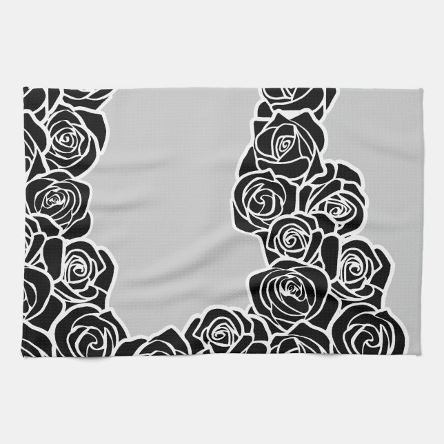 Elegant Black White Grey Roses Romantic Pattern Kitchen Towel (Horizontal)