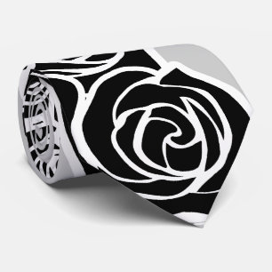 Elegant Black White Grey Roses Romantic Pattern Neck Tie