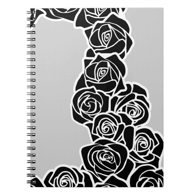Elegant Black White Grey Roses Romantic Pattern Notebook (Front)