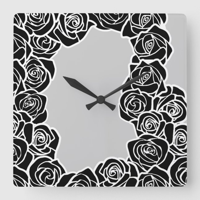 Elegant Black White Grey Roses Romantic Pattern Square Wall Clock (Front)