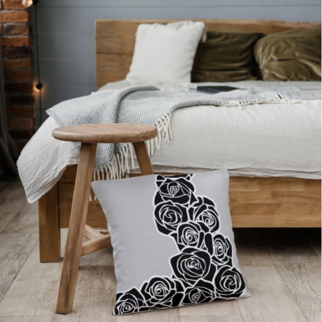Elegant Black White Grey Roses Romantic Pattern Throw Pillow (Creator Uploaded)