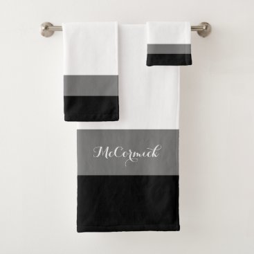 Elegant Black White Grey Stripes Script Monogram Bath Towel Set