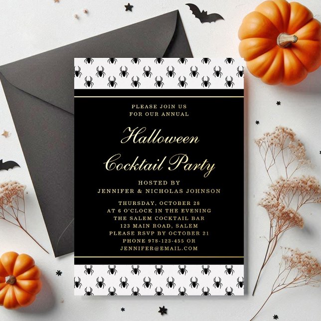 Elegant Black White Halloween Cocktail Party Gold  Foil Invitation (Elegant Black White Halloween Cocktail Party Gold Foil Invitation)