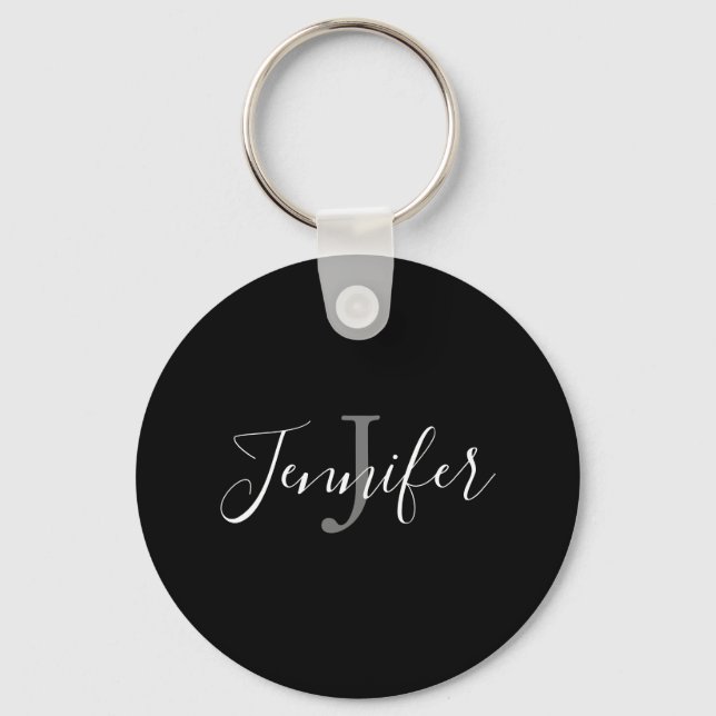Elegant Black White Hand Lettered Script Monogram Keychain (Front)