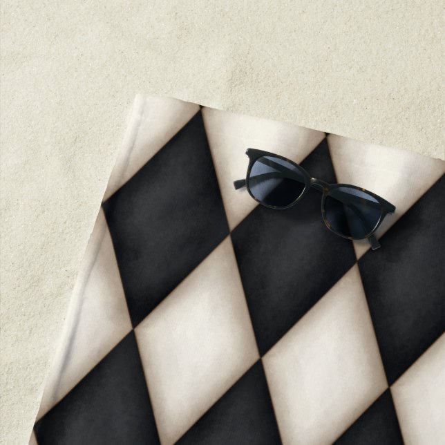 Elegant Black & White Harlequin Diamond Check  Beach Towel (In Situ)