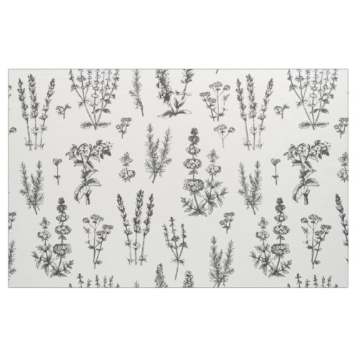 Elegant Black White Herbal Garden Pattern Fabric