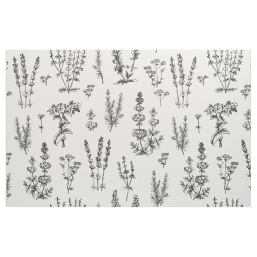 Elegant Black White Herbal Garden Pattern Fabric