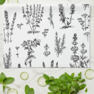 Elegant Black White Herbal Garden Pattern Kitchen Towel