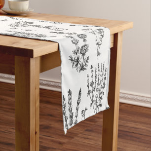 Elegant Black White Herbal Garden Pattern Short Table Runner