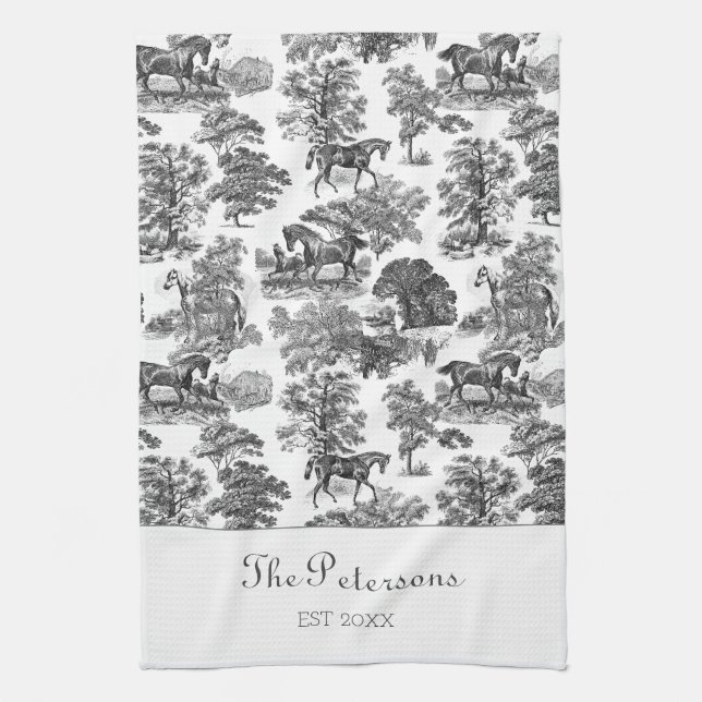 Elegant Black White Horses Toile Rustic Farmhouse Kitchen Towel (Vertical)