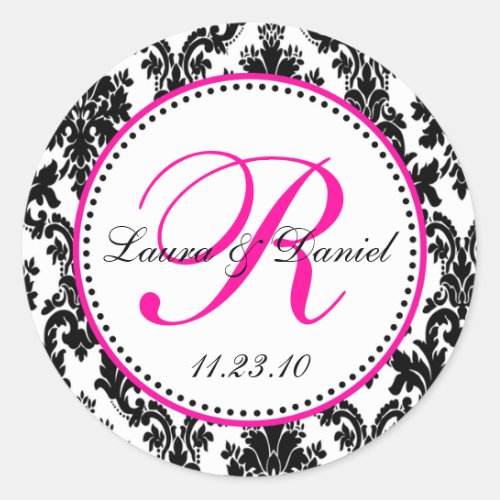 Elegant Black White Hot Pink Damask Wedding Classic Round Sticker