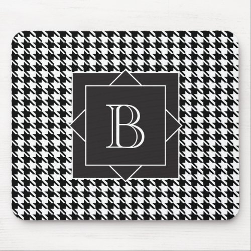 Elegant Black  White Houndstooth Monogram  Mouse Pad