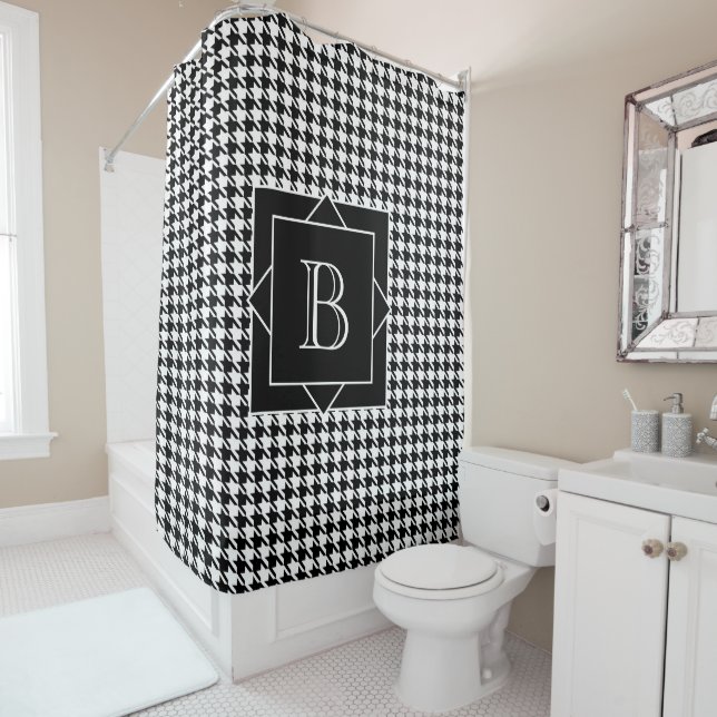 Elegant Black & White Houndstooth Monogram Shower Curtain (In Situ)