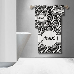 Elegant Black White iniials Botanical Fern Frond Bath Towel Set