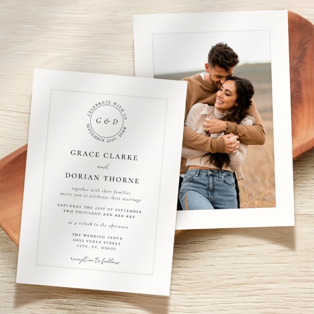 Elegant Black White Ivory Platemark Photo Wedding Invitation (Creator Uploaded)